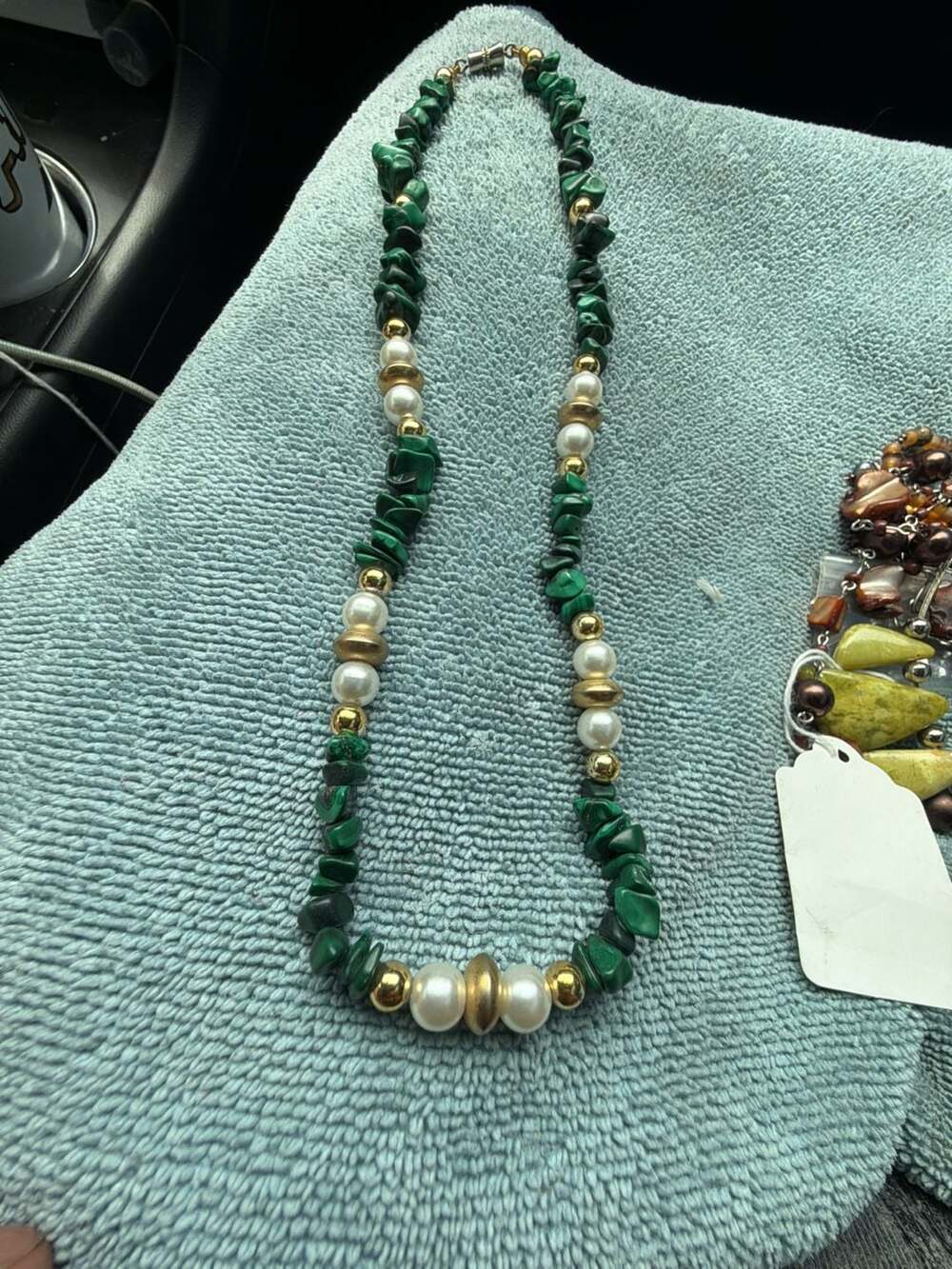 Malachite Chip and Faux Pearl Beaded Necklace with Gold-Tone Beads